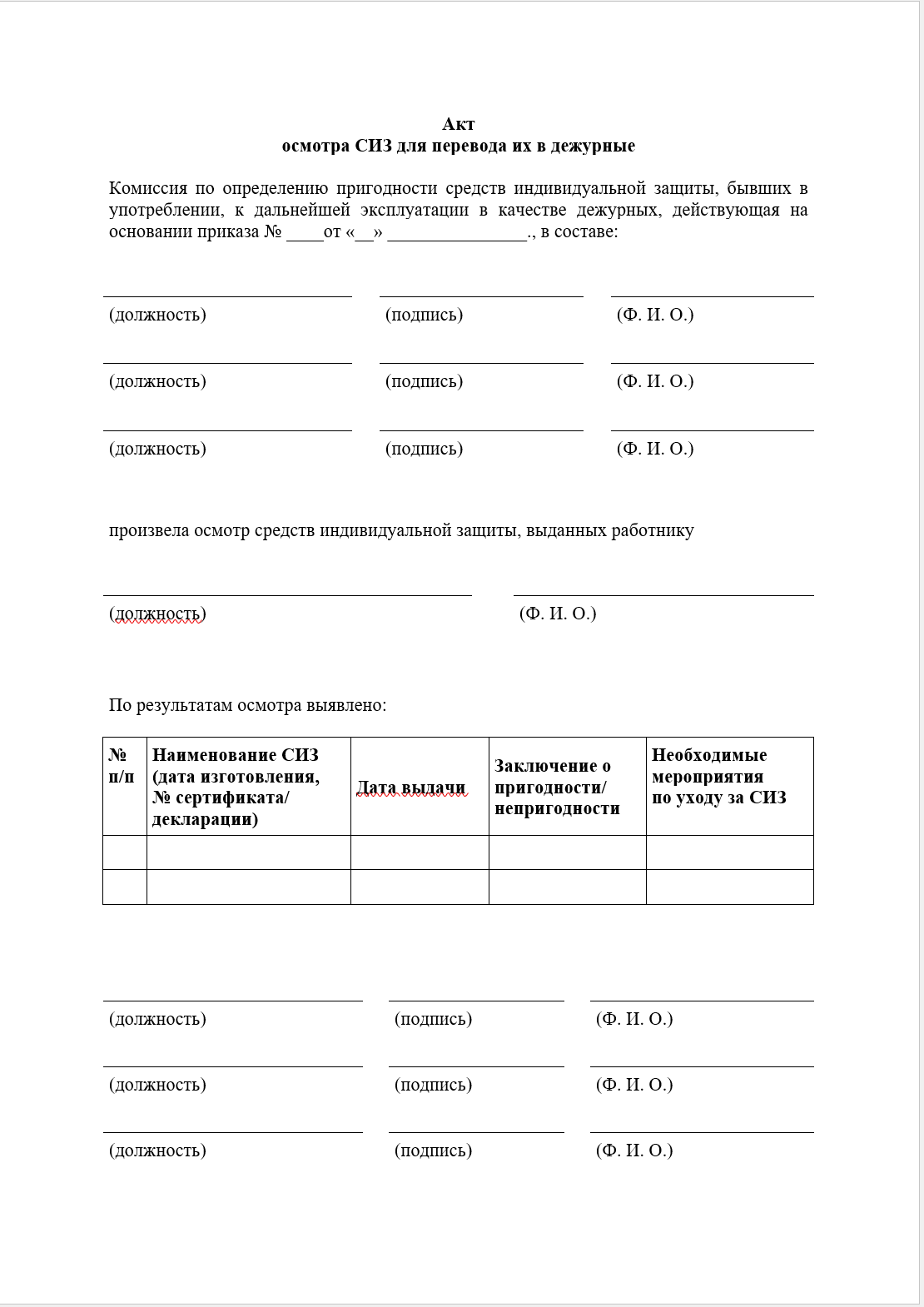 Акт перевода СИЗ в дежурные